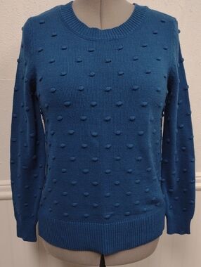 Cable & Gauge Teal Blue Pom-Pom Crewneck Sweater